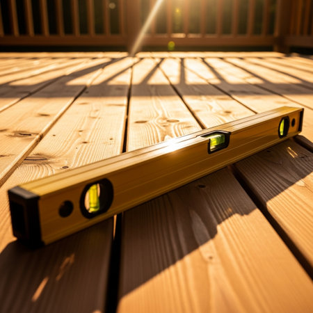 Yellow spirit level on a wooden floor. Construction concept. Toned.の素材
