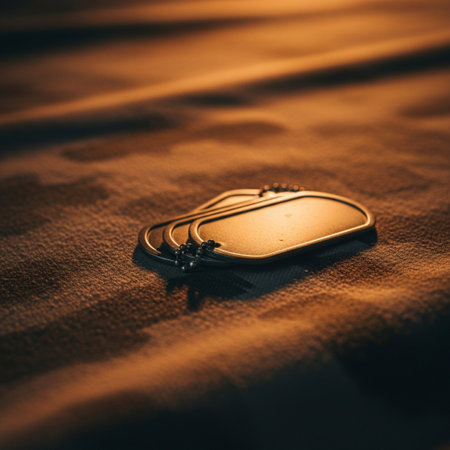 Close-up of a metal keychain on a brown fabric backgroundの素材