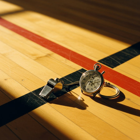 Whistle and Stopwatch on wooden floor. Time management concept.の素材