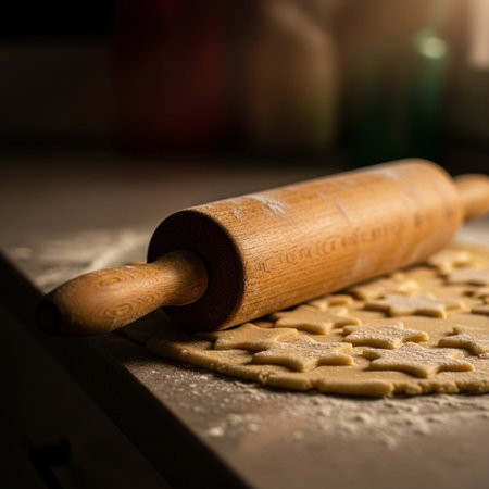Rolling pin and dough on a kitchen table, selective focus.の素材
