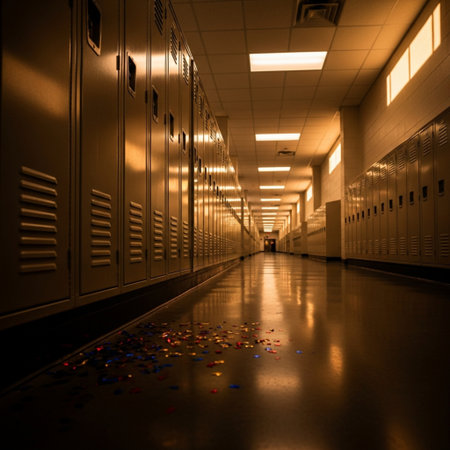 school corridor with colorful confetti in a dark room, perspective viewの素材