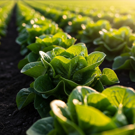 Lettuce field in the morning light. Vegetable rows.の素材