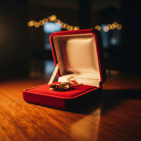 Wedding rings in a red box on a wooden table.の素材