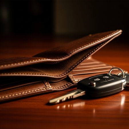 Leather wallet with car keys on wooden table. Selective focus.の素材