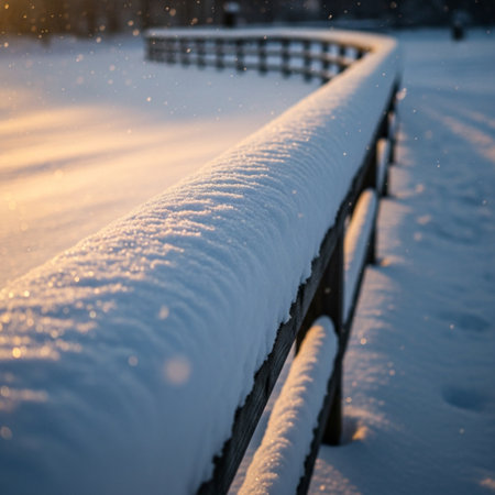 Wooden fence covered with snow at sunset. Beautiful winter landscape.の素材