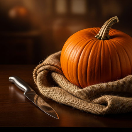 Pumpkin and knife on a wooden table. Selective focus.の素材