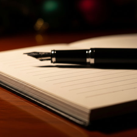 Notebook and fountain pen on a table. Shallow DOFの素材