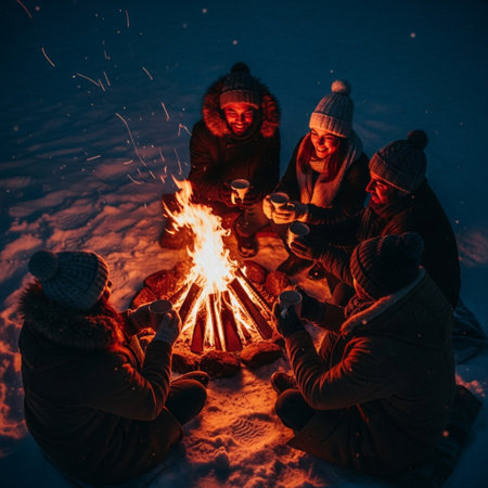 Group of friends having fun at winter campfire in the snow.の素材