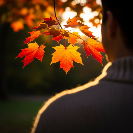 Young man in the autumn park with maple leaves. Back view.の素材