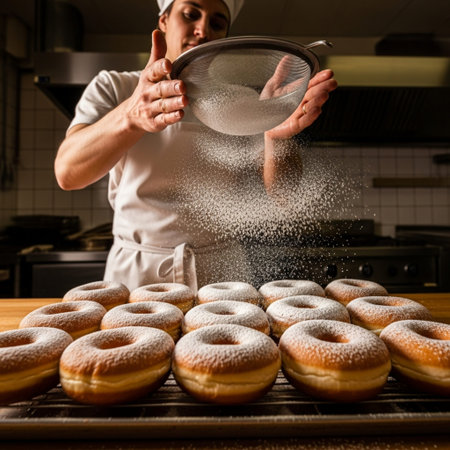 Female chef sprinkles powdered sugar on fresh donuts in the kitchenの素材