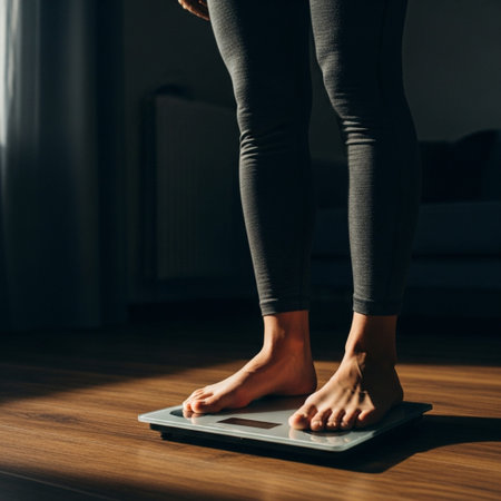 Close up of woman standing on scales at home. Healthy lifestyle and weight loss concept.の素材