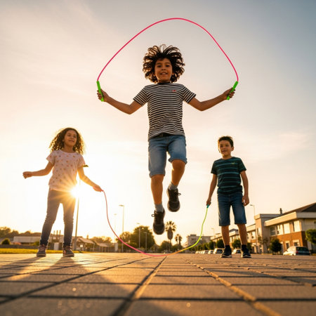 Group of children jumping with a jump rope on the street at sunsetの素材