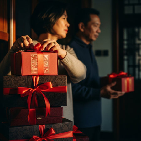 Asian couple holding red gift box in the living room at home.の素材