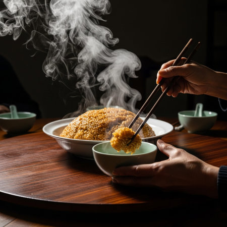 Hands hold chopsticks and eat fried rice in a bowl.の素材