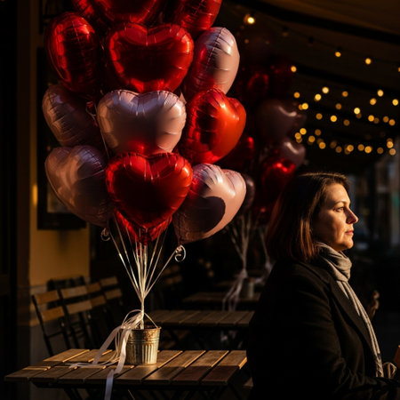 Young woman with heart shaped balloons in a cafe. Valentine's day concept.の素材
