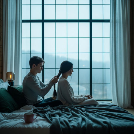 Young asian couple sitting on the bed and looking out the windowの素材