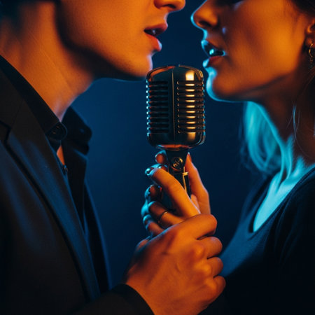 cropped shot of young couple singing together with microphone isolated on blackの素材
