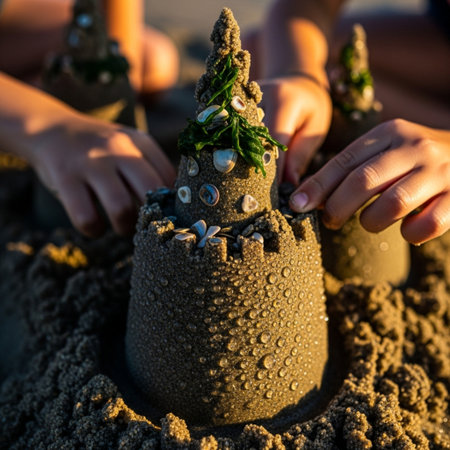 Children build a sand castle on the beach at sunset. Selective focus.の素材