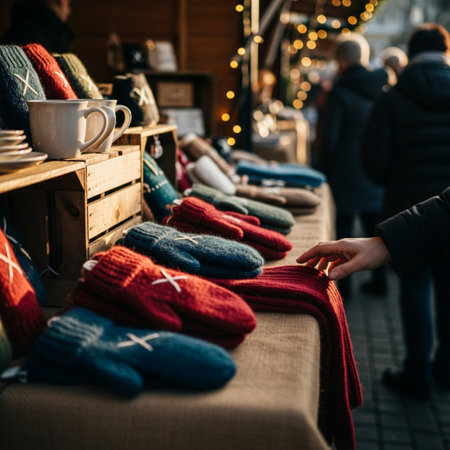Woman chooses knitted socks on the Christmas market in Prague, Czech Republicの素材