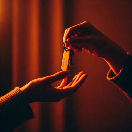 Woman giving a key to a man in the room at night.の素材