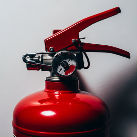 Fire extinguisher on a gray background. Red fire extinguisher on a gray background.の素材