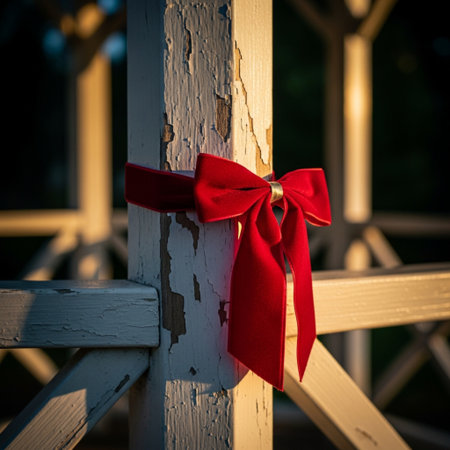 Red bow on a wooden fence in the rays of the setting sunの素材