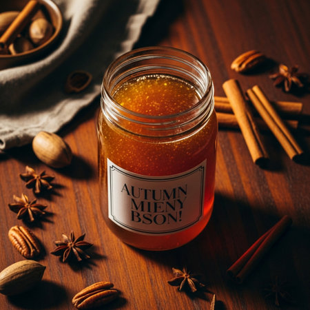 Mulled wine in a glass jar with spices on a wooden tableの素材