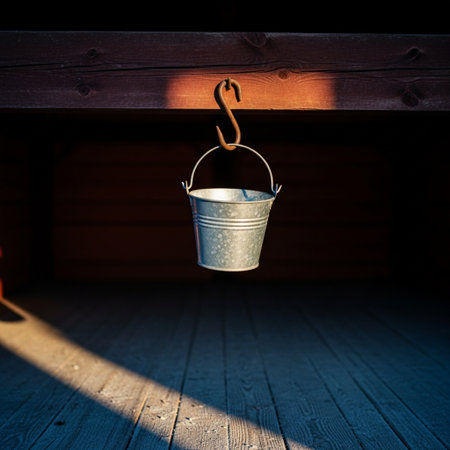 empty bucket hanging on a hook in the attic with a wooden wallの素材