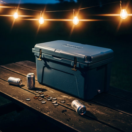Metal toolbox on a wooden table with a garland of led lightsの素材