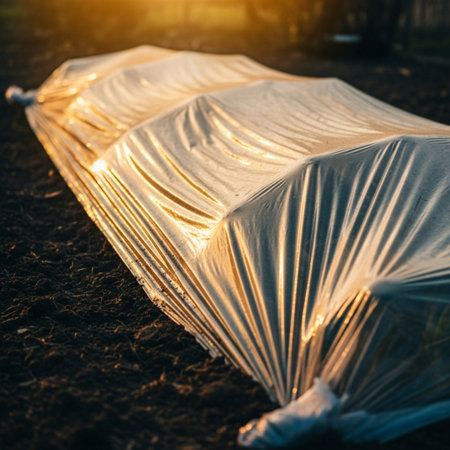 Plastic tent on the ground in the garden at sunset time.の素材
