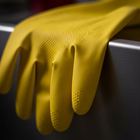 Yellow rubber gloves on a stainless steel workbench. Close up.の素材
