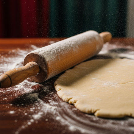 rolling pin and dough on a wooden table sprinkled with flour, shallow depth of fieldの素材