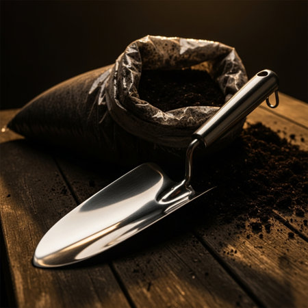 Gardening tools on a wooden table. Toned image.の素材