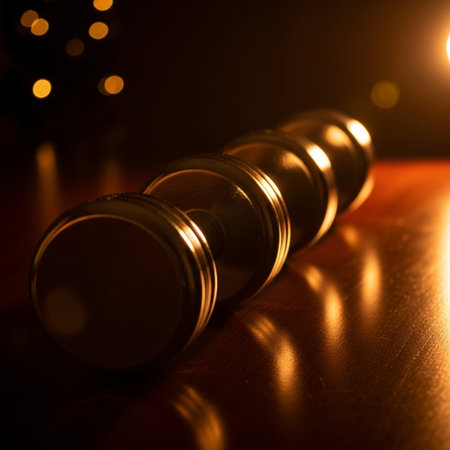 Wooden judge gavel on a dark background. Close-up.の素材