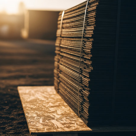 Close up view of a stack of metal sheets on a construction site.の素材