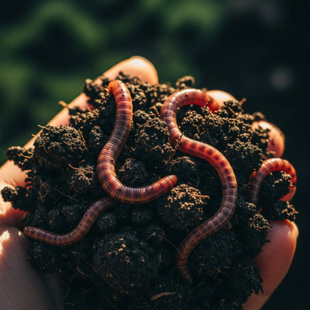 Earthworm in the hands of a gardener. The concept of environmental protection.の素材