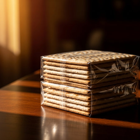 Stack of crackers on a wooden table in the morning sunlight.の素材