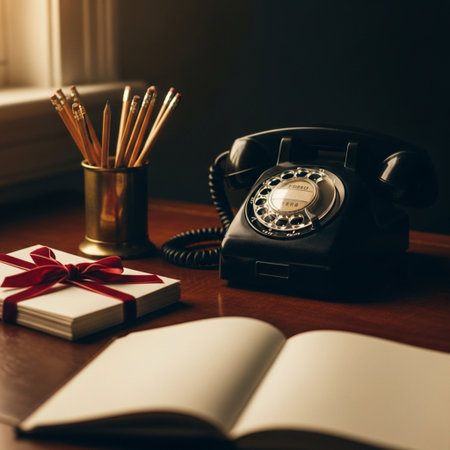 Old black telephone on the table with notebook and pencils, vintage toneの素材