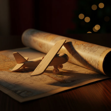Wooden toy airplane on the background of an old map with a Christmas treeの素材