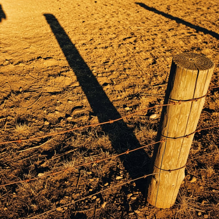 Barbed wire fence with shadow on the ground. Selective focus.の素材