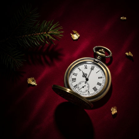 Vintage pocket watch on a red velvet background with Christmas tree branch.の素材