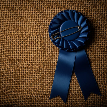 Blue ribbon on burlap background for award or achievement, copy spaceの素材