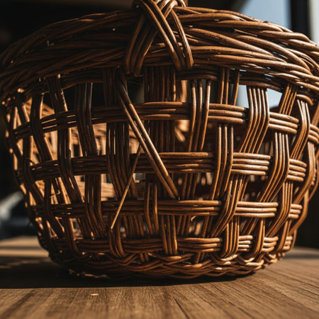 Wicker basket on a wooden table. Close up. Selective focus.の素材