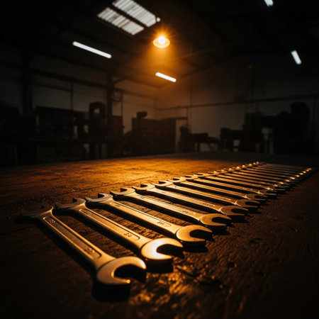 Spanners on the wooden table in the workshop. Selective focus.の素材
