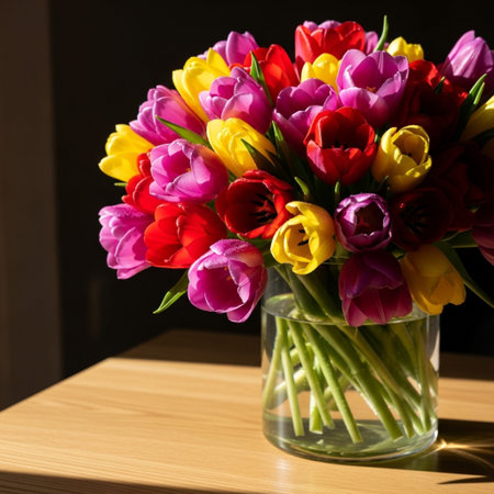Bouquet of colorful tulips in vase on wooden tableの素材