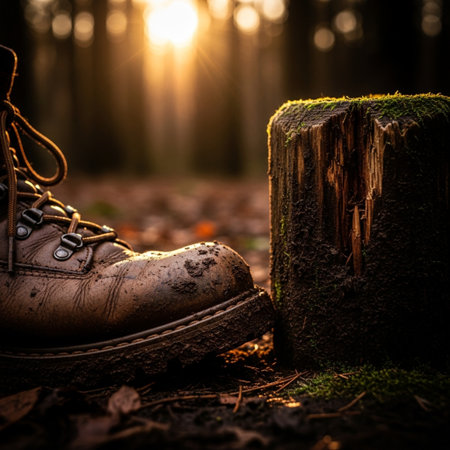 A pair of old hiking boots standing on a stump in the forest.の素材