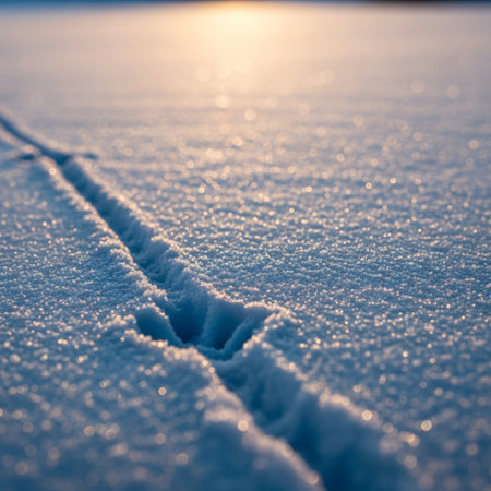 Footprints in the snow at sunset. Shallow depth of field.の素材