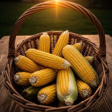 Ripe corn in a wicker basket on a wooden table.の素材