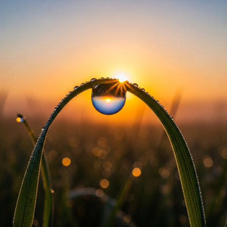 Fresh grass with dew drops close up at sunrise. Nature backgroundの素材