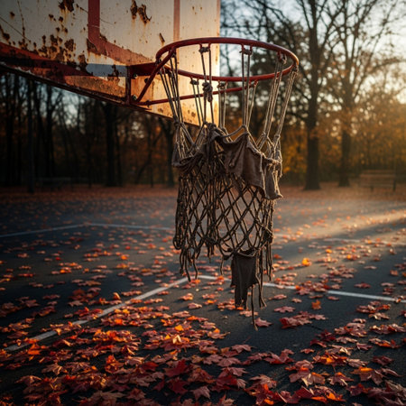 Basketball hoop on a basketball court in an autumn park at sunsetの素材